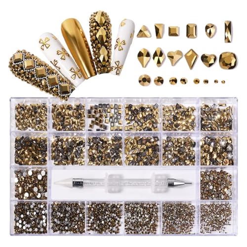 SQING 2500-teiliges Nagelkunst-Strassstein-Set in Box, 21 Gitter in verschiedenen Größen, 1 Pick-Up-Stift, Glaskristalldekorationen, 3D-AB-Flachedelsteine(Gold 2500pcs) von SQING