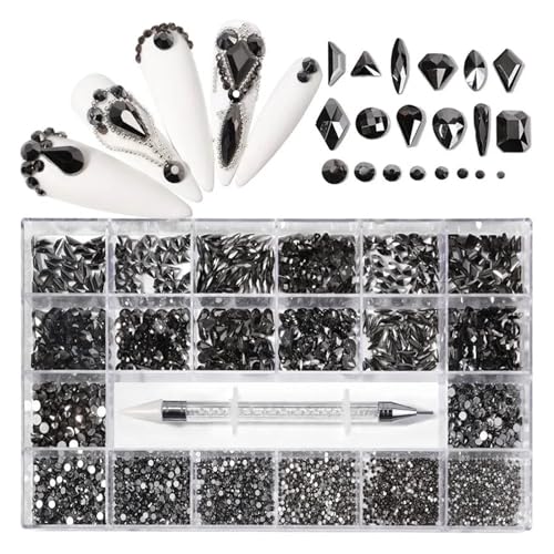 SQING 2500-teiliges Nagelkunst-Strassstein-Set in Box, 21 Gitter in verschiedenen Größen, 1 Pick-Up-Stift, Glaskristalldekorationen, 3D-AB-Flachedelsteine(Jet Hemitate 2500pcs) von SQING