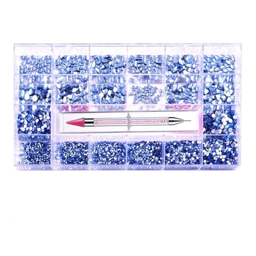 SQING 2500-teiliges Nagelkunst-Strassstein-Set in Box, 21 Gitter in verschiedenen Größen, 1 Pick-Up-Stift, Glaskristalldekorationen, 3D-AB-Flachedelsteine(Light Blue 2500pcs) von SQING