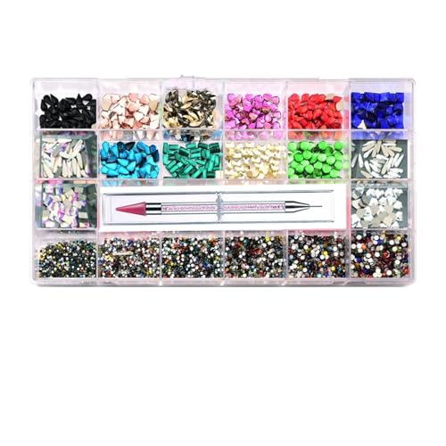 SQING 2500-teiliges Nagelkunst-Strassstein-Set in Box, 21 Gitter in verschiedenen Größen, 1 Pick-Up-Stift, Glaskristalldekorationen, 3D-AB-Flachedelsteine(Mix Color 2500pcs) von SQING