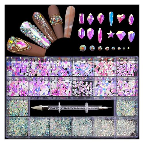 SQING 2500-teiliges Nagelkunst-Strassstein-Set in Box, 21 Gitter in verschiedenen Größen, 1 Pick-Up-Stift, Glaskristalldekorationen, 3D-AB-Flachedelsteine(Mocha 2500pcs) von SQING