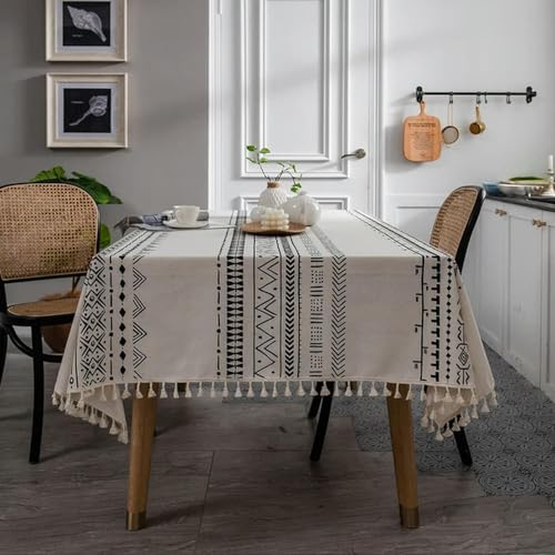 SQMSK Boho-Tischdecke für rechteckigen Tisch, geometrische bedruckte Baumwolle, rustikale Tischdecke mit Quasten, Streifen, Esstischabdeckung, Heimdekoration, 90 ~ 300 cm von SQMSK