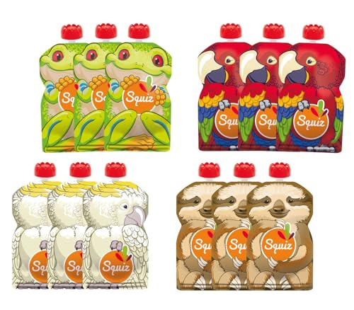 SQUIZ-der EINZIGE wiederverwendbare Quetschbeutel MADE IN SWITZERLAND-12er Pack BPA frei, hält Dank patentiertem Druckverschluss garantiert dicht, für Smoothies, Joghurt, Babybrei–Kollektion Regenwald von SQUIZ