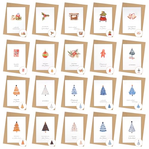 20 Stück Weihnachtskarten mit Umschlag Set, Hochwertiges A6 Klappkarten Weihnachten, Christmas Postkarte für die Familie, Freunde, Schönsten Weihnachtsgrüße von SREBIWO