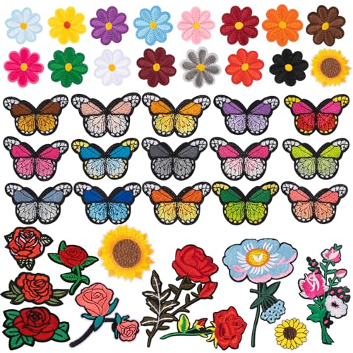 42 Stück Patches zum Aufbügeln Blume,Flicken zum Aufbügeln Kinder,Blumen Schmetterling Bestickte,Aufnäher zum Aufbügeln,Bügelsticker für Hut,Jeans,T-Shirt,Jacken Rucksäcke,DIY von SREBIWO