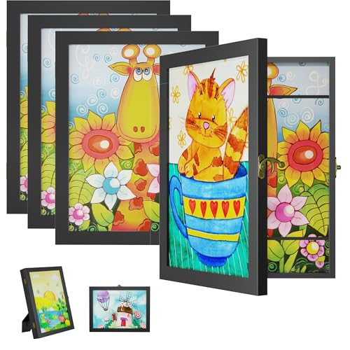 SRIWATANA Kinder Bilderrahmen, 4 Stück A4 Befüllbar Bilderrahmen für Kinder mit Frontöffnung und Halterung zum Aufhängen oder Aufstellen von Kinderzeichnungen, Kunstprojekten (Schwarz, 4pcs) von SRIWATANA