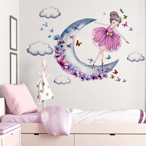 SRIZIAN Ballett Mädchen Wandtattoo Schmetterlinge Mond Wolken Wandaufkleber Lila Wandtattoo für Mädchen Schlafzimmer Baby Kinderzimmer Kinder Schlafzimmer Wanddekoration von SRIZIAN