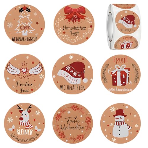 Aufkleber Weihnachten Rund SRLWMYI 500 Stück Kraftpapier Weihnachtsaufkleber Selbstklebend 3.8cm im 8 Stil mit Frohe Weihnachten Motiven, für Dekoration Umschlag Geschenkverpackungen Party usw von SRLWMYI