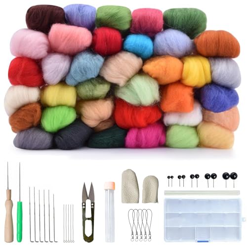 SRTSTR 36 Farben Nadelfilz Set Filzwolle Starter Kit mit Grundlegende Filzwerkzeuge und Zubehör Felting Wool Roving Starterset Märchenwolle für Anfänger Nassfilzen und Trockenfilzen DIY Handwerk von SRTSTR