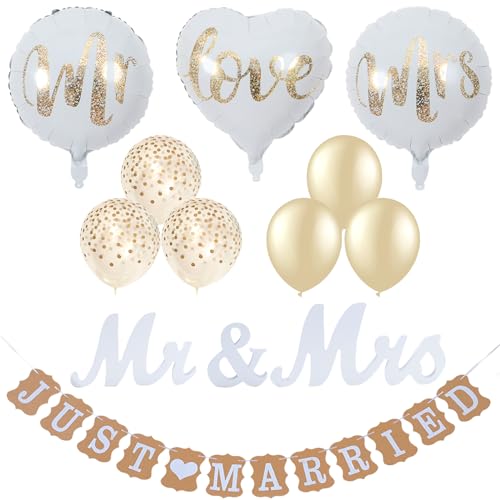 SRTSTR Hochzeitsdeko Set Hochzeit Girlande Just Married Banner Mr & Mrs Deko Buchstaben Holz mit Folienballon Standesamt Tischdeko Vintage für Rustikal Party und Brautdusche von SRTSTR