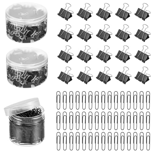 SRTSTR 296Pcs Schwarze Binderclips 25mm Metall Foldback Klammern + Schwarz Büroklammern 29mm Vielzweckklammern Metall Papierklammern, Heftklammern für Bürobedarf, Briefpapier Papier von SRTSTR