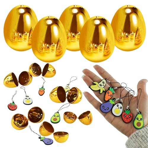 5 x vorgefüllte goldene Eier Kapsel, nachfüllbare Ostereier mit Feinschmecker-Charms im Inneren, Erdbeere, Banane, Karotte, Aubergine, Avocado, Ei, 6 cm Überraschungseier für Kinder, Osterjagd, von SRV Hub