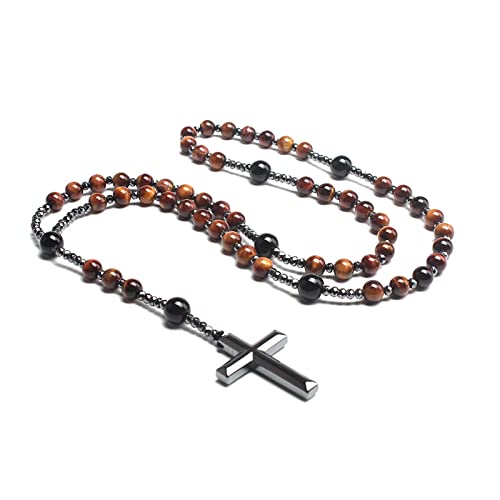 Schwarze Runde Perlen Halskette, Naturstein Lange Y Halskette Mit Hämatit Kreuz Anhänger Schmuck Für Männer Und Frauen, 70CM (Size : 70 cm, Color : Yellow Tiger Eye) von SRZR