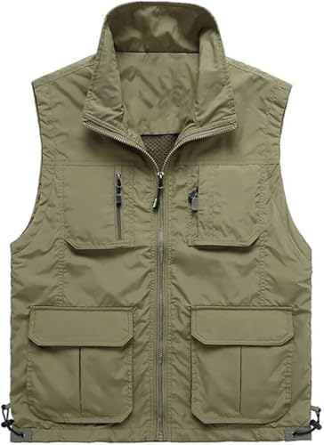 SSDDLZEQ Dünne Sommerweste aus Netzstoff mit Mehreren Taschen for große Größen, ärmellose Jacke mit vielen Taschen, Reporterweste(Khaki,4XL) von SSDDLZEQ