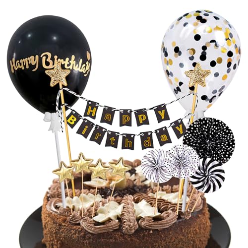 SSKHE Black Birthday Cake Decoration, 12 PCS Happy Birthday Cake Decoration, Glitter Happy Birthday Cake Topper Decoration Set, Paper Fans Stars Cupcake Cake Topper for Birthday Decoration Boys Girls von SSKHE