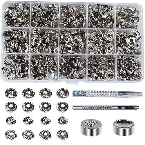 SSRDFU - 183 Pcs Druckknopf, 15 mm Edelstahl-Schraube, Schnappschnalle, Polsterung, Bootsschnappgurt, 3 Einstellwerkzeuge, Materialstanzer, DIY-Abdeckung, Leder von SSRDFU