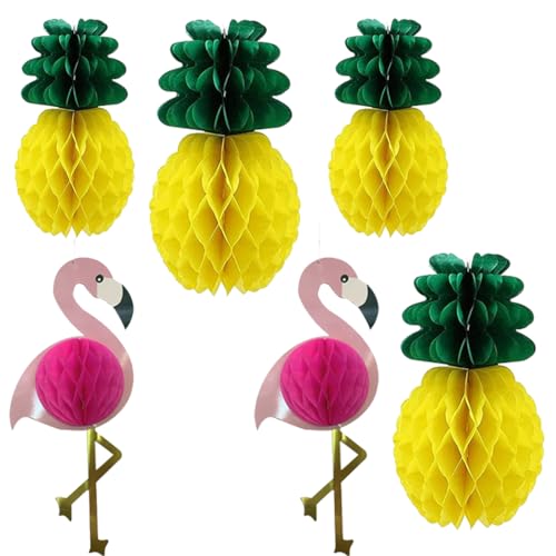 SSRDFU 6 Pcs Flamingo-Ananas-Wabenball-Papier, hawaiianisches tropisches Obstpapier, tropischer Sommer, Hochzeitsfeier, Dekoration, Papierlaterne, Ananas zum Aufhängen (3 Größen) von SSRDFU