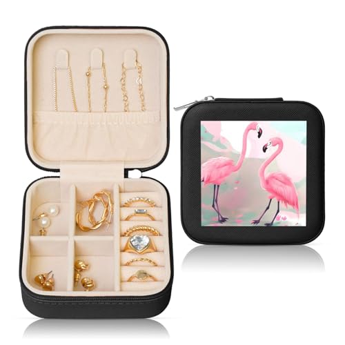 Schwarze quadratische Leder-Schmuckschatulle – tragbare Aufbewahrungsbox mit Flamingo-Aufdruck für Ringe, Ohrringe, Halsketten und Armbänder von SSYGHT