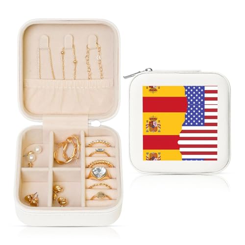 Weiße quadratische Leder-Schmuckschatulle – tragbare Aufbewahrungsbox mit amerikanischer Spanien-Flagge für Ringe, Ohrringe, Halsketten und Armbänder von SSYGHT