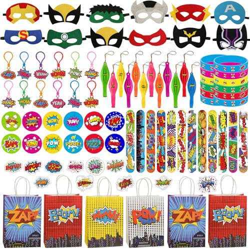 Superhelden-Partyzubehör mit Superhelden-Maske, Geschenktüten, Ballons, Schlagarmbändern, Superhelden-Aufklebern, Schlüsselanhänger, Nadeln, Geschenktüten, Karnevalspreis, 134 Stück von SSZS