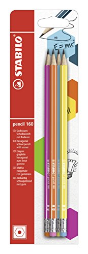 Bleistift mit Radierer - STABILO pencil 160 in pink, blau, orange, gelb - 4er Pack - Härtegrad HB von STABILO