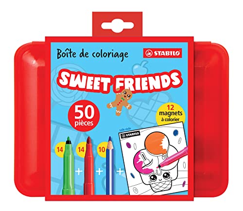 Box mit Filzstiften und Buntstiften - STABILO 14x Trio A-Z und 14x STABILO power und 10x STABILO Trio - 38 Stfite und 12 "Sweet Friends"-Magnete zum Ausmalen von STABILO