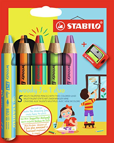 STABILO - Duo Buntstift, Wasserfarbe und Wachsmalkreide - woody 3 in 1 duo - zweifarbige Mine - 5er Pack mit Spitzer - mit 5 Stiften und 10 verschiedenen Farben von STABILO