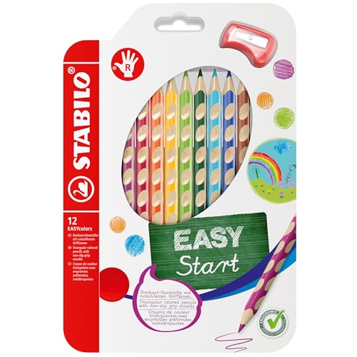 Ergonomischer Buntstift für Rechtshänder - STABILO EASYcolors - 12er Pack mit Spitzer - mit 12 verschiedenen Farben von STABILO