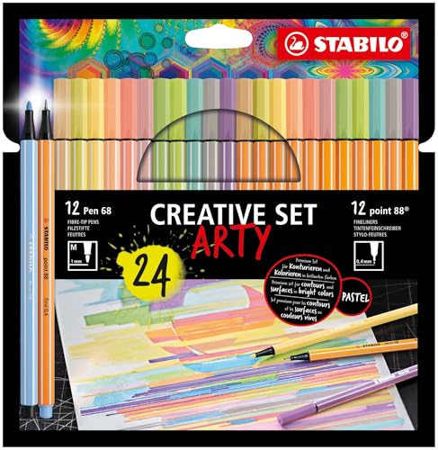 STABILO - Fineliner & Premium-Filzstifte - point 88 & Pen 68 - ARTY - 24er Pack - in Pastellfarben - 12x point 88 in 12 Farben, 12x Pen 68 in 12 Farben von STABILO