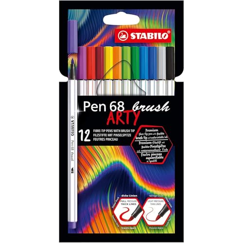 STABILO - Premium-Filzstift mit Pinselspitze für variable Strichstärken - Pen 68 brush - ARTY - 12er Pack - mit 12 verschiedenen Farben von STABILO