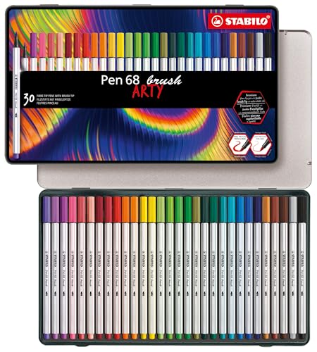 STABILO - Premium-Filzstift mit Pinselspitze für variable Strichstärken - Pen 68 brush - ARTY - 30er Metalletui - mit 30 verschiedenen Farben von STABILO