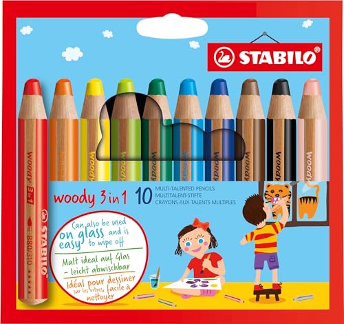 STABILO - Buntstift, Wasserfarbe & Wachsmalkreide - woody 3 in 1-10er Pack - mit 10 verschiedenen Farben von STABILO