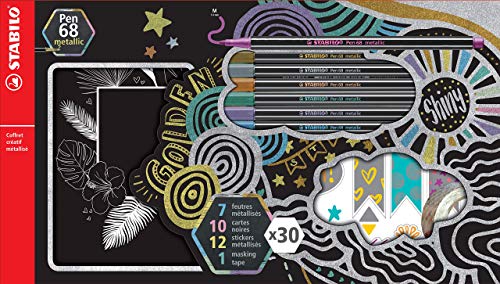 STABILO Kreativbox mit Premium Metallic-Filzstift Pen 68 metallic - 30teiliges Set - 7X Pen 68 metallic, 10x dunkle Karten, 12x Sticker, 1x Washi Tape von STABILO