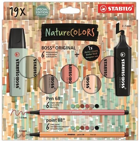 STABILO NatureColors – Kreativ-Set mit 19 Teilen: 6 Textmarker Boss ORIGINAL NatureColors + 6 Filzstifte Pen 68 + 1 Boss ORIGINAL Marker schwarz + 6 Fineliner Point 88 von STABILO