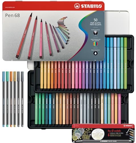 STABILO Premium-Filzstift Pen 68-50er Metalletui - mit 46 verschiedenen Farben - 6er Metalletui - 2x silber, je 1x gold, kupfer, metallic blau, metallic grün von STABILO