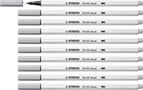 Premium-Filzstift mit Pinselspitze für variable Strichstärken - STABILO Pen 68 brush - 10er Pack - mittelgrau von STABILO