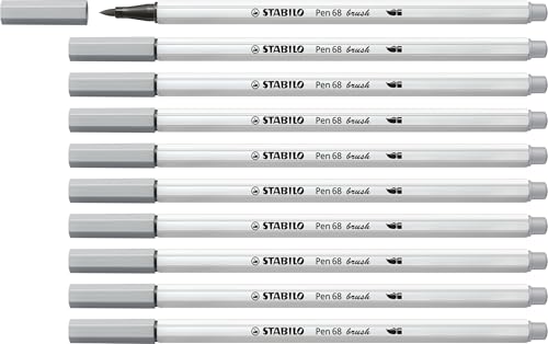 STABILO - Premium-Filzstift mit Pinselspitze für variable Strichstärken - Pen 68 brush - 10er Pack - mittelgrau von STABILO