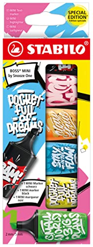 STABILO - Textmarker & Marker - BOSS MINI by Snooze One - 6er Pack - pink, orange, blau, gelb, grün & schwarz von STABILO