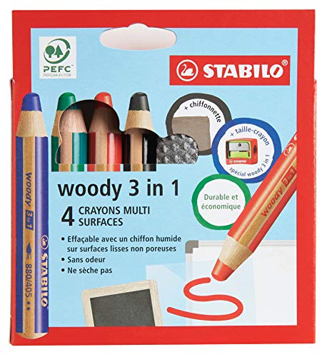 STABILO Bleistift für verschiedene glatte Oberflächen woody 3in1 – Kartonetui mit 4 Bleistiften + 1 Spitzer + 1 Reinigungstuch von STABILO