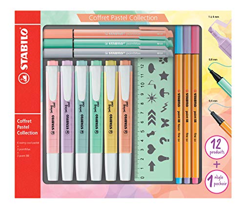 STABILO Stifte-Set Pastell Collection - 12 Stifte in Pastellfarben - 6x Textmarker, 3x Filzschreiber, 3x Fineliner und 1x Schablonenlineal von STABILO