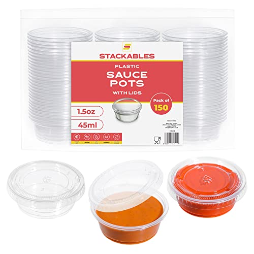 STACKABLES ~ 150 kleine Kunststoff-Töpfe ~ Wiederverwendbarer Saucentopf mit Deckel ~ Take Away Chutney Ketchup Restaurant Jelly Shot & Dessertbecher (45 ml) von STACKABLES