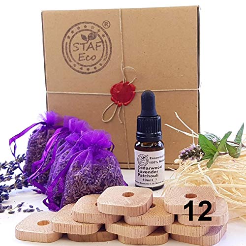 STAFECO Mottenschutz Set 12 x Zedernholz Ringe, 4 x Säckchen mit getrocknetem Lavendel, 1 x Duftöl (Zedernholz, Lavendel + Patchouli), natürliches Hausmittel gegen Schädlinge im Schrank (Set Small B) von STAFECO