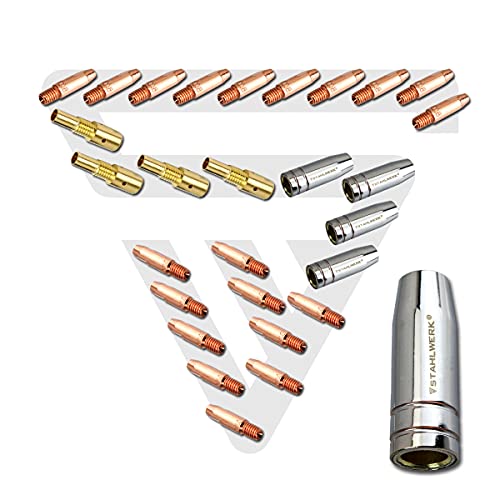 STAHLWERK MIG MAG Schweißzubehör AK-25/MB-25 Verschleißteile, Gasdüsen + Düsenträger + Stromdüsen für MIG MAG Schweißbrenner, Set 28-teilig von STAHLWERK
