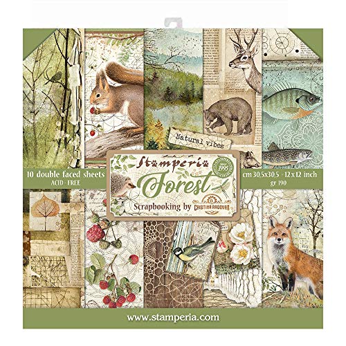 STAMPERIA SBBL63 Papierblock 10 Blätter 30.5 x 30.5 (12" x 12") doppelseitig Forest, Mehrfarbig von Stamperia