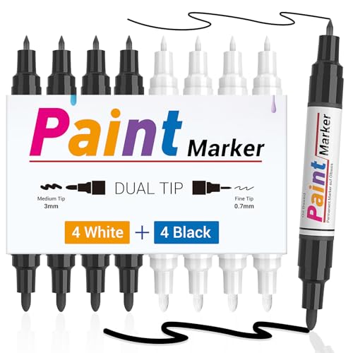 Permanent Marker 8pcs- 4 Weiß 4 Schwarz Dual Tip Wasserfester Stift Paint Marker Schnell Trocknender Wasserfeste Permanentmarker zum Steine Bemalen für Glass Holz, Metall, Keramik Tassen,Lackmarker von STANBLUE