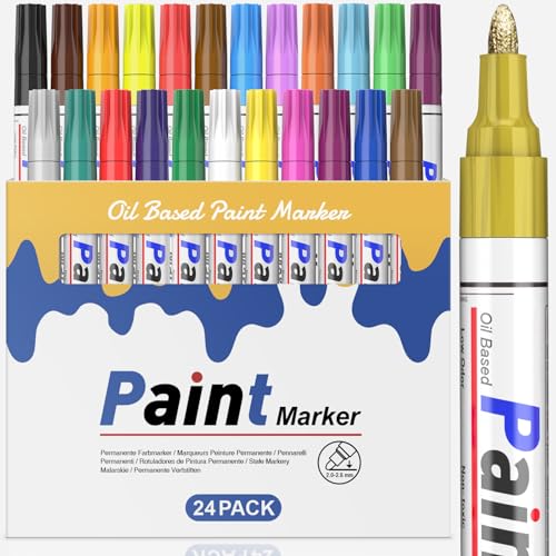 STANBLUE Permanent Marker Bunt Glasmalstifte Wasserfest Set, 24 Farben zum Steine Bemalen Glasstift Lackstifte für Verschiedenen Oberflächen Karton, Kunststoff, Holz, Metall,Keramik Tassen von STANBLUE