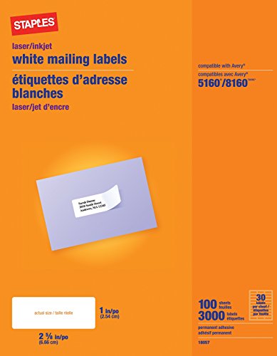 Staples White Mailing Labels for Laser Printers, 1 x 2.62 Inch, 100 Sheets, 3000 Labels, Avery Template 5160/8160 by Staples von STAPLES