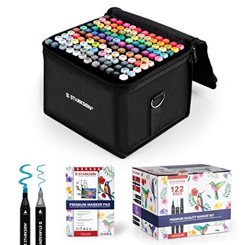 STARKSØN® 122 Stück Twinmarker Set – Alkohol Dual Tip Brush Marker – Doppelseitige Stifte – Twinmarker & Marker – Inkl. Aufbewahrungstasche & Skizzenbuch von STARKSON