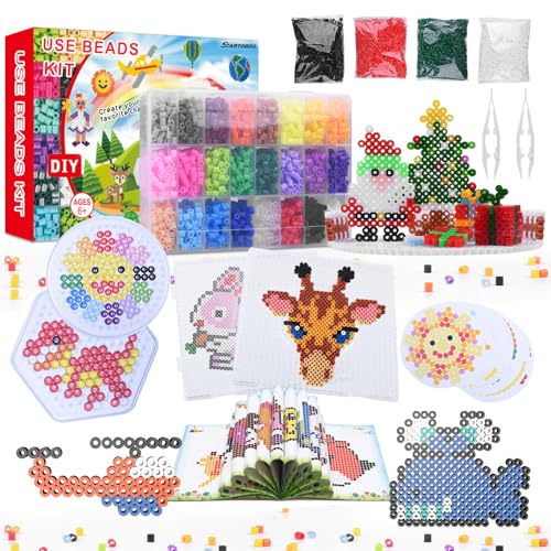 STARTOGOO Bügelperlen Set, Mit 12000 Steckperlen 24 Farben Bügelperlen 5mm, 3 bügelperlen platten, 50 bügelperlen vorlagen Muster,Kreatives Perlenset,Spielzeug Geschenk für Kinder 5 +Jahre von STARTOGOO