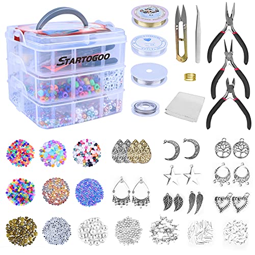 STARTOGOO Schmuckherstellungs Set,1500 pcs Schmuck Selber Machen Set,Perlen zum Auffädeln Kit,Ohrringe Selber Machen Set,Mit Schmuckzange,Perlendraht,Perle,Werkzeug zur Schmuckherstellung von STARTOGOO